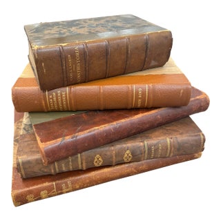 Vintage European Brown Leather Books- Set of 5 For Sale