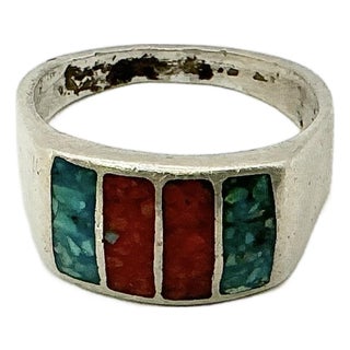 1940s Vintage Southwestern Navajo Boho Chic Turquoise & Coral Sterling Ring, Size 9.5 For Sale