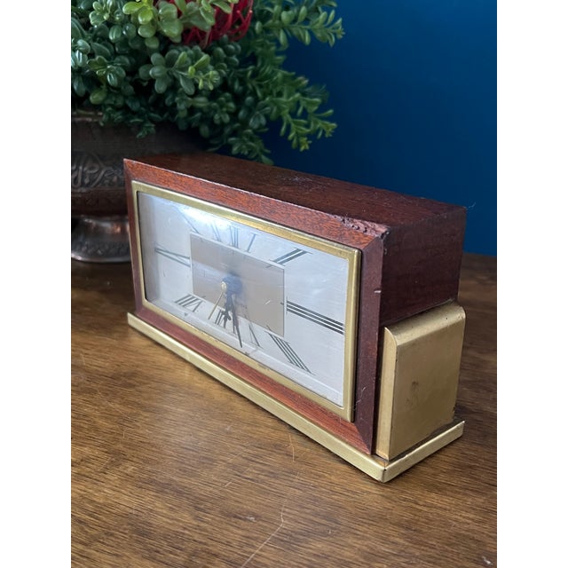 Brass Mid Century Seth Thomas Clock, Tony Paul Brass Walnut Bookends, Atomic Desk Decor For Sale - Image 8 of 18