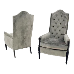 Tall Tufted Backs Black Lacquer Frames Decorative Arm Chairs Thrones - A Pair