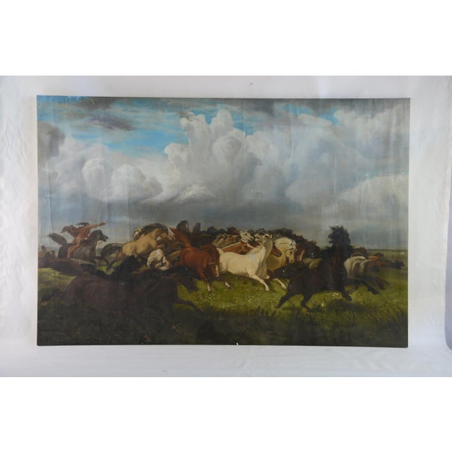 Early 21st Century Vintage Oil Painting of Galloping Horses Under Expansive Sky For Sale - Image 5 of 5