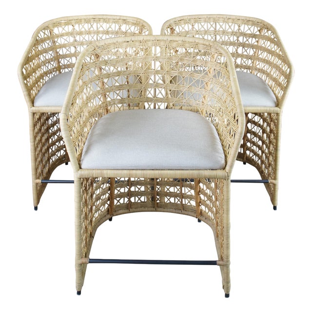 3 Gabby Libby Natural Rattan Boho Chic Modern Counter Height Bar Stools For Sale