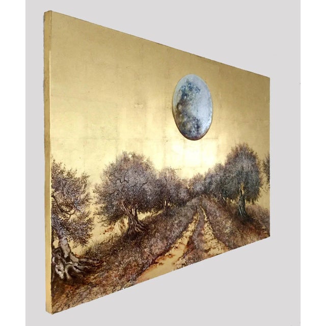 Moonlight Walking, Landscape Gold Leaf & Oil Painting with Trees and a Full Moon, 2020 For Sale - Image 3 of 8