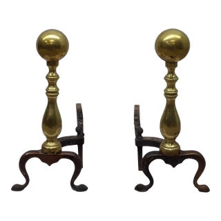 Pair of Late 19th Century Canon Ball Brass and Iron Andirons For Sale