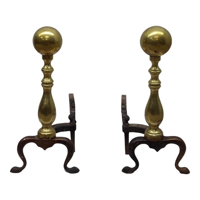 Pair of Late 19th Century Canon Ball Brass and Iron Andirons For Sale