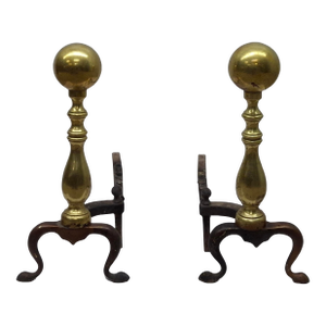Pair of Late 19th Century Canon Ball Brass and Iron Andirons