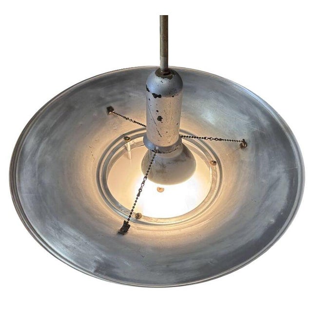 Metal 1930s Art Deco Machine Age Spun Aluminum 23" 2 Ring Pendant Light, 2 Available For Sale - Image 7 of 8