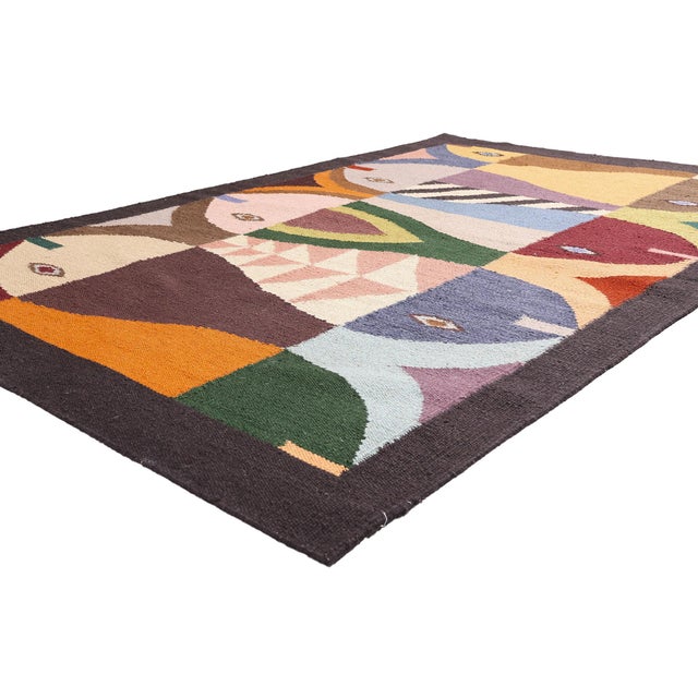 31370 Contemporary Indian Kilim Rug, 05'03 x 08'02. The Cubist Shoal: A Contemporary Indian Kilim Masterpiece of Modernist...