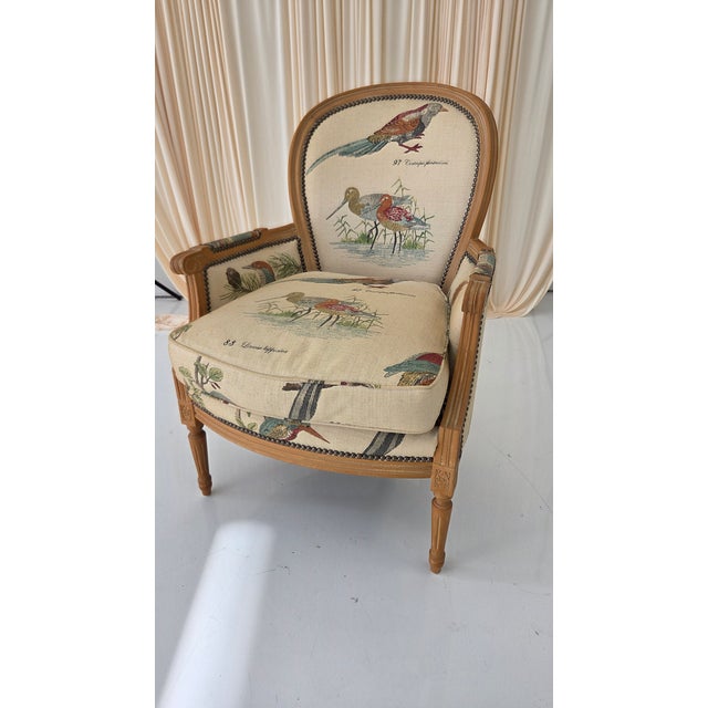 1980s French Louis XVI Style Armchair With Upholstered Bird Tapestry Fabric For Sale - Image 13 of 15