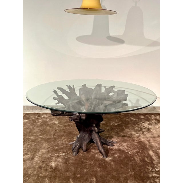 Organic Modern Dining Table in Charred Teak Root Wood and Glass, Indonesia For Sale - Image 12 of 13