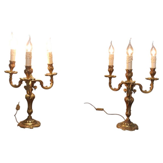 Large Brass Three Branch Table Lamps Candelabra, 1930, Set of 2 For Sale - Image 9 of 9