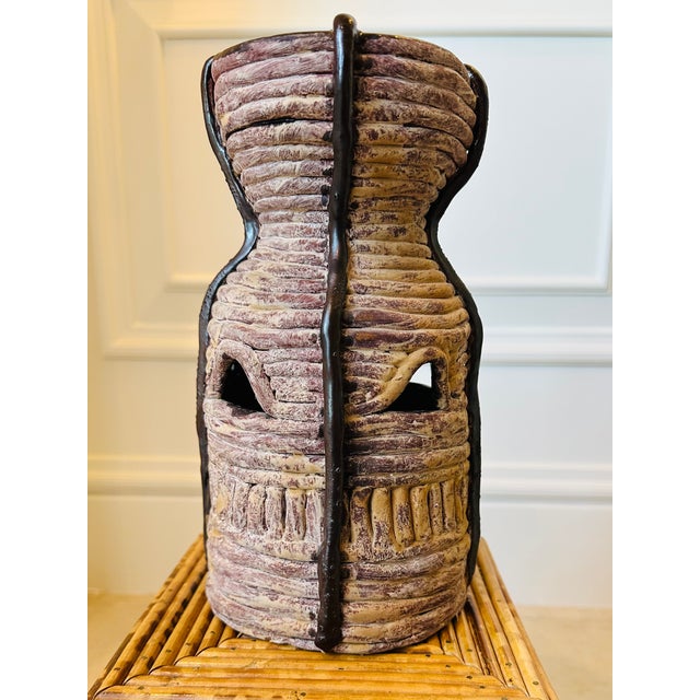 Vintage Signed Coiled Terracotta Vase With Piercings and Glazed Brown Accents For Sale - Image 9 of 13