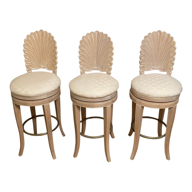 1970s Venetian Grotto Style Scalloped Shell Back Swivel Barstools - Set ...