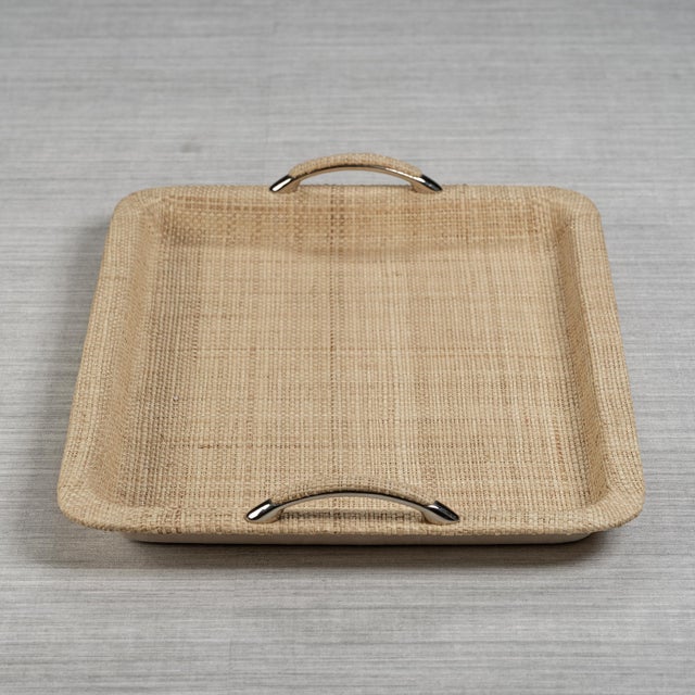 Contemporary Annecy Raffia and Chambray Serving Tray, Large For Sale - Image 3 of 3