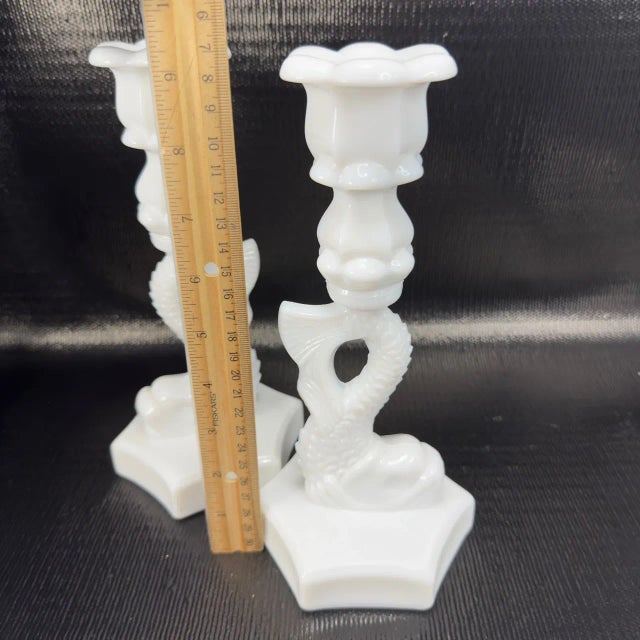 Westmorland Vintage Westmoreland White Milk Glass Dolphin Serpent Koi Fish Candlesticks-Set of 2 For Sale - Image 4 of 7