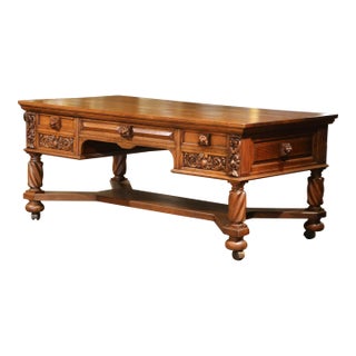 1930’s Carved Renaissance Oak Partner Desk by Berkey & Gay With Ten Drawers For Sale