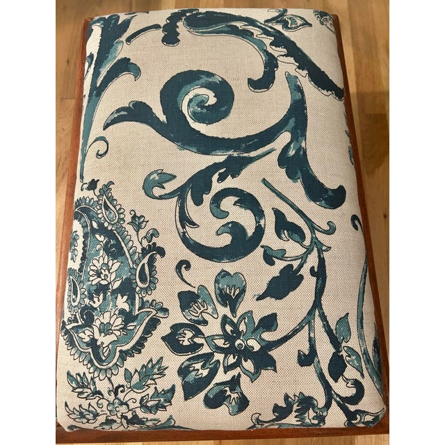 Vintage Empire Style Maple Footstool With Blue and White Linen Upholstery For Sale - Image 4 of 12