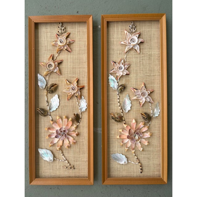 Mid-Century Modern Pair of Vintage Handmade Philippine Seashell Floral Wall Panels on Woven Grasscloth For Sale - Image 3 of 11