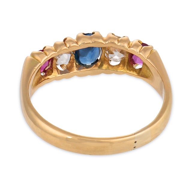 19th Century Victorian English Sapphire Ruby Diamond 18k Yellow Gold Five Stone Ring, Size 5.75 For Sale In Los Angeles - Image 6 of 7