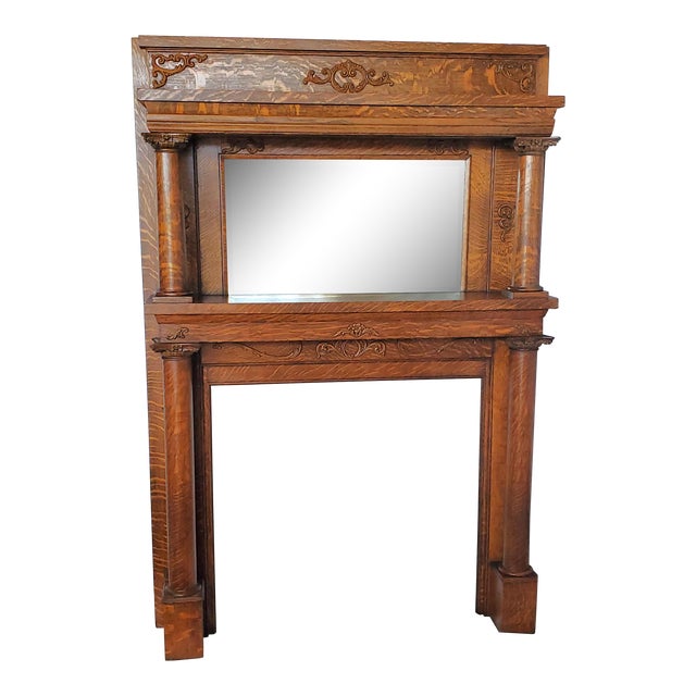 Antique 1890s Victorian American Tiger Oak Fireplace Mantel With Columns u0026  Mirror | Chairish