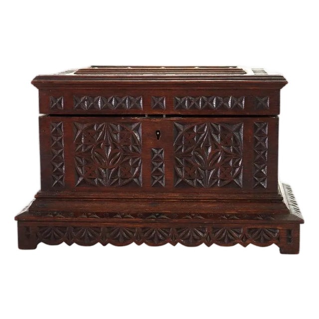 Antique Gothic Style Chip Carved Walnut Keepsake Box C1860 For Sale