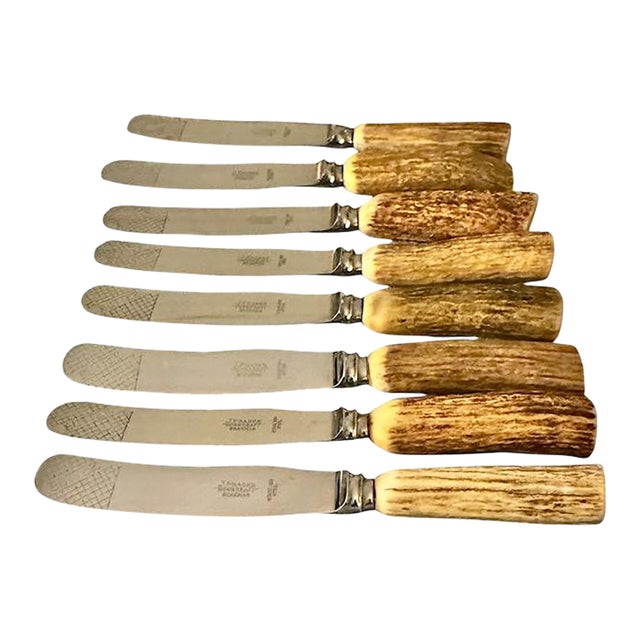 Vintage J Fraser Horncraft of Braemar Scottish Stag Handled Butter Knife m - Set of Eight For Sale