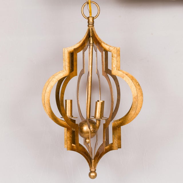 Mid 20th Century Mid Century Modern French Gilt Metal Three-Light Lantern with Scrolling Effects, Wired For Sale In Atlanta - Image 6 of 12