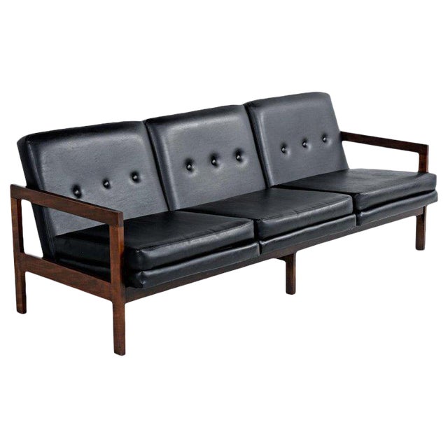 Beechwood Mid Century Modern Black Leather Sofa Couch With Button Tufted Backs