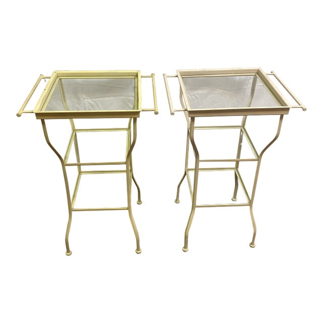 Metal Glass Shelf Side Tables - A Pair For Sale