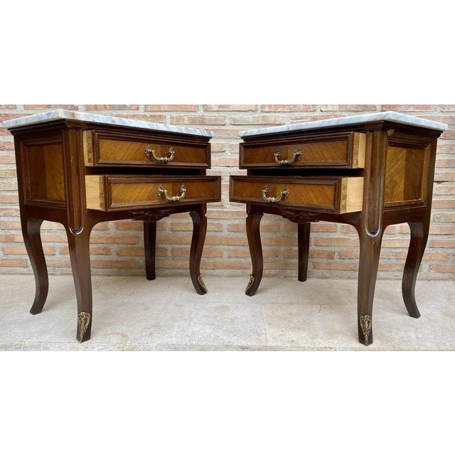 Mid-Century Walnut Nightstands with Drawers and Marble Tops, 1950s, Set of 2 For Sale - Image 10 of 13