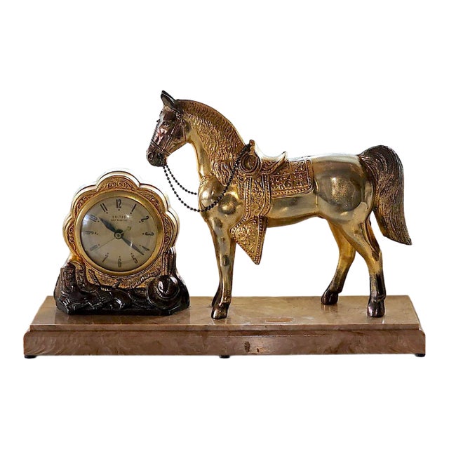 Vintage 1940s United Clock Co. Western Horse Brass Mantel Clock – Model 315, Fully Functional For Sale