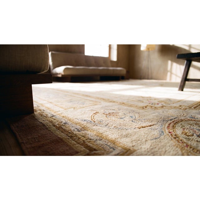 Elegant Ivory Background Color With Special Medallion Design Antique French Aubusson Square Area Rug For Sale - Image 11 of 12