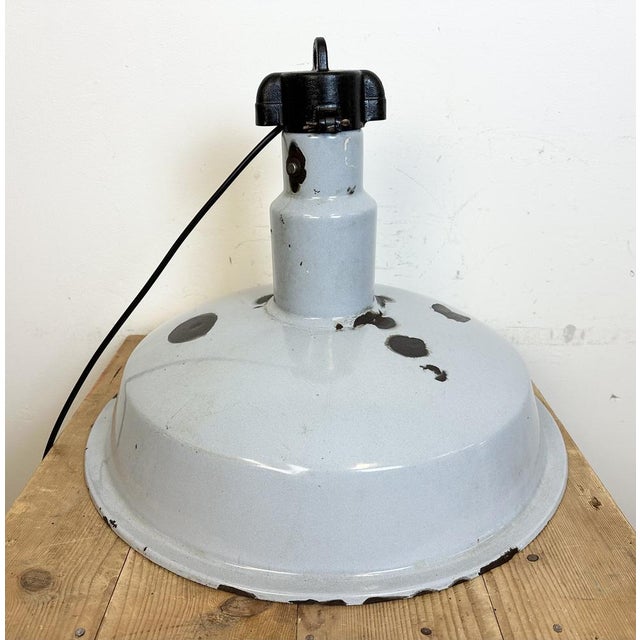 Large Industrial Grey Enamel Factory Lamp, 1950s For Sale - Image 11 of 17