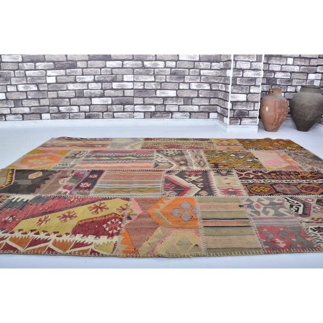 Orange Vintage Handwoven Turkish Patchwork Kilim Rug With Eclectic Tribal Motifs For Sale - Image 8 of 9