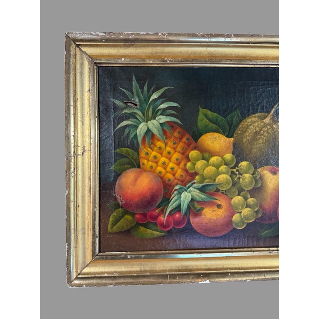 Gold Primitive Antique Country Gilt Framed Still Life Oil Painting Canvas W Pineapple For Sale - Image 8 of 12