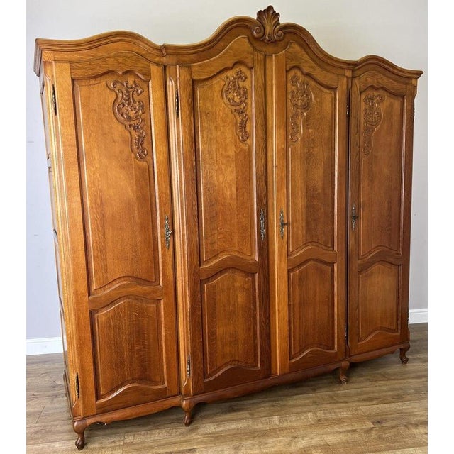 Vintage French Louis XVI Style Carved Oak 4-Door Wardrobe For Sale - Image 15 of 15