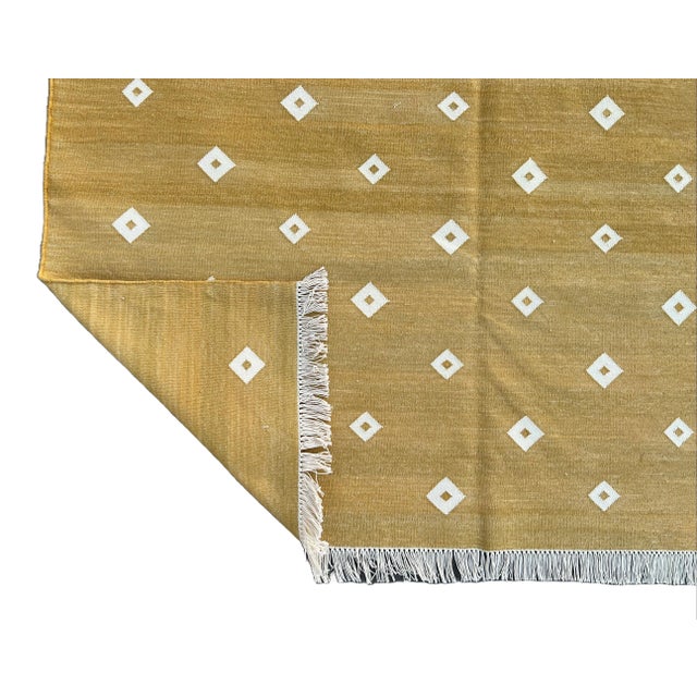 Handmade Cotton Area Rug Natural Vegetable Dyed Mustard and White Diamond Dhurrie-12'x15' For Sale - Image 10 of 10