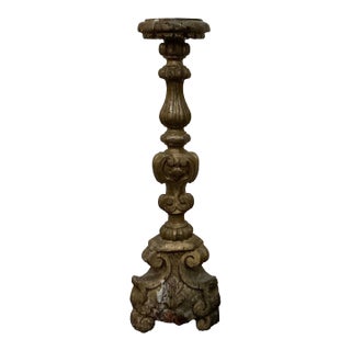 Large Antique Wood Candlestick With Poured Lead Weighted Base For Sale