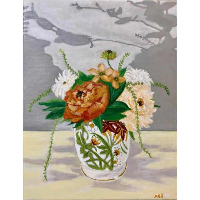 Rich, Impressionist floral against a play of light and shadows. Acrylic on canvas in a beveled white wood frame. Ready to...