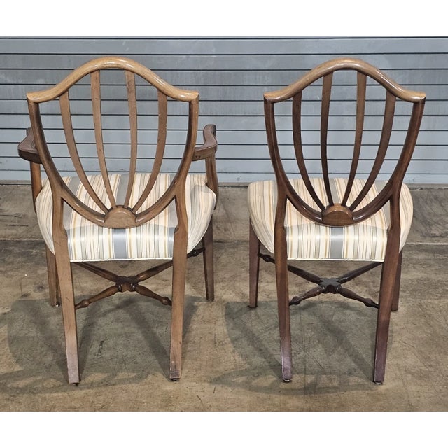Mid 20th Century Set of 8 Mahogany Federal Style Shield Back Dining Chairs Silk Prussian Blue Fabric For Sale - Image 12 of 13