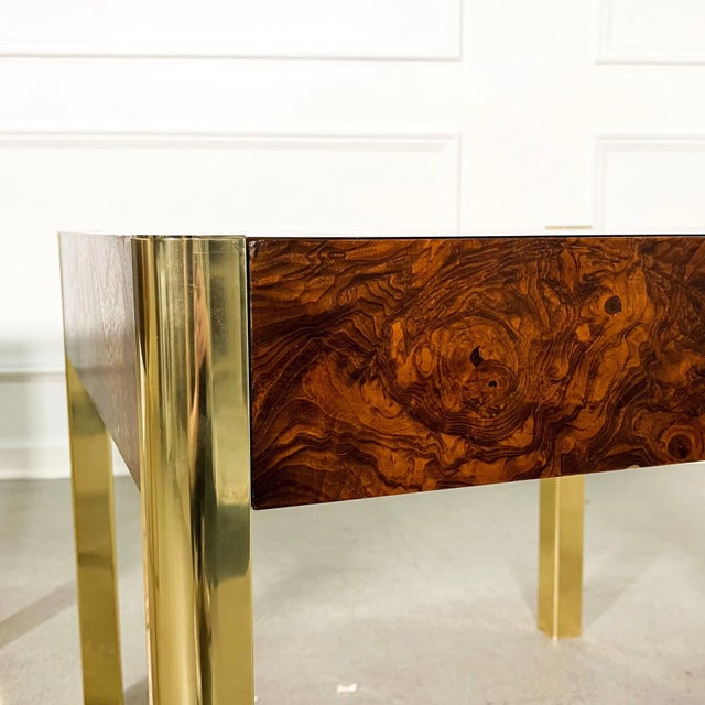 70's Regency Burl and Brass Century Side Tables - A Pair For Sale - Image 9 of 9