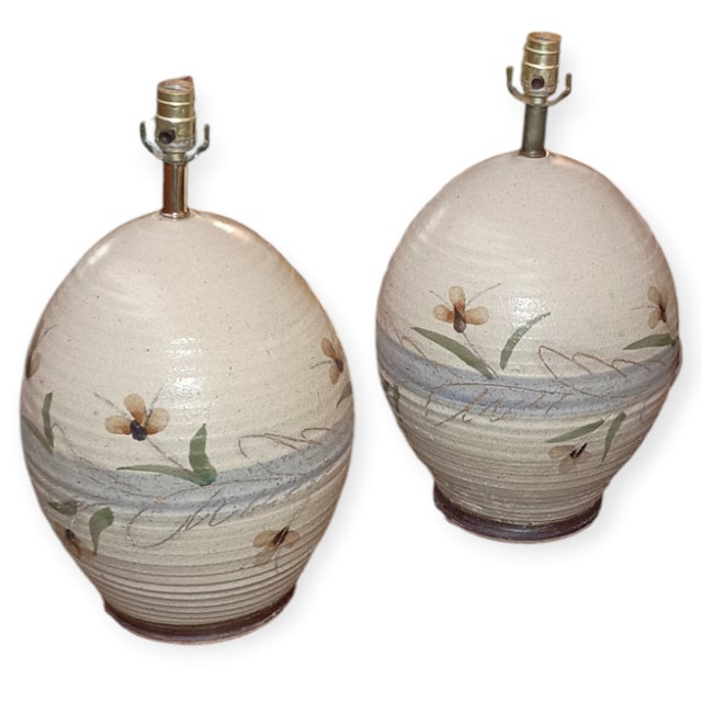 Taupe Set of 2 Vintage 1960's Handcrafted Stoneware Table Lamps For Sale - Image 8 of 11