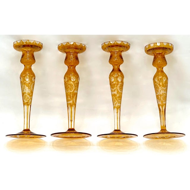 Set of 4 Antique Bohemian Hand Made & Hand Etched Cut Amber to Clear Decorated Candlesticks by Moser For Sale - Image 11 of 12