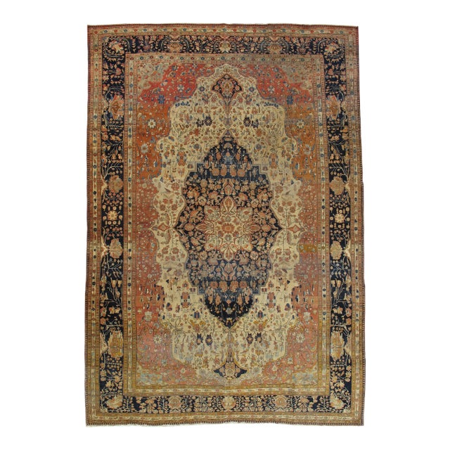 Antique Persian Mohtasham Kashan Rug, Handmade Oriental Rug, Ivory, Navy, Rust For Sale