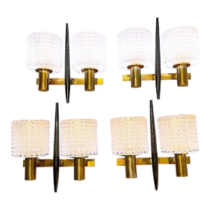 Set of Four Mid-Century Brass & Crystal Wall Fixture Double Light by Carl Fagerlund, Sweden
