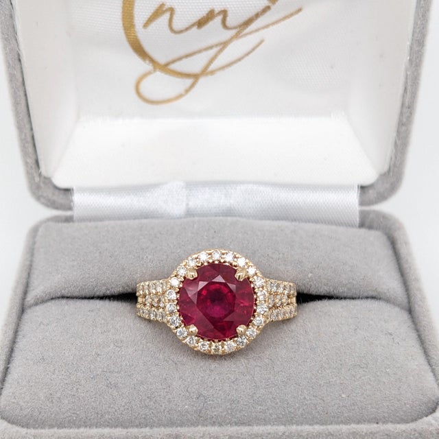 Ruby Ring With Earth Mined Diamonds Halo: Solid 14k Gold, Round 9mm, Size 6.75 For Sale - Image 4 of 9