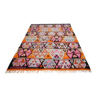 Vibrant Turkish Kilim Rug, 1966 Dated Vintage Tribal Rug, Pink and Orange Geometric Flatweave 6x8 Ft Approx For Sale