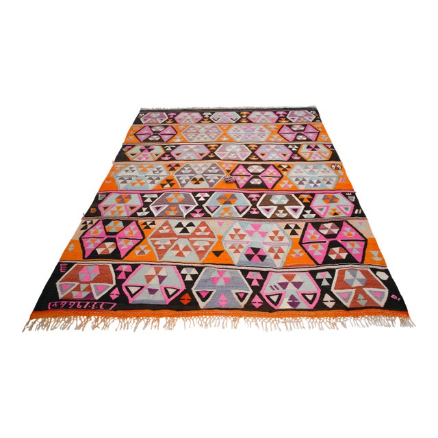 Vibrant Turkish Kilim Rug, 1966 Dated Vintage Tribal Rug, Pink and Orange Geometric Flatweave 6x8 Ft Approx For Sale