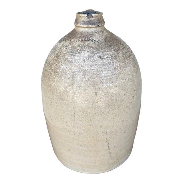 Antique Salt Glazed Stoneware Two Gallon Jug, E. Farrington, Elmira, New York, Circa 1860s For Sale
