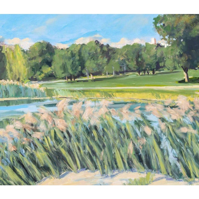 Contemporary School, Lakeside Landscape Scene, Oil on Canvas, illegibly signed "Nina (?) Dunn", unframed. 44.5" H x 59" W...